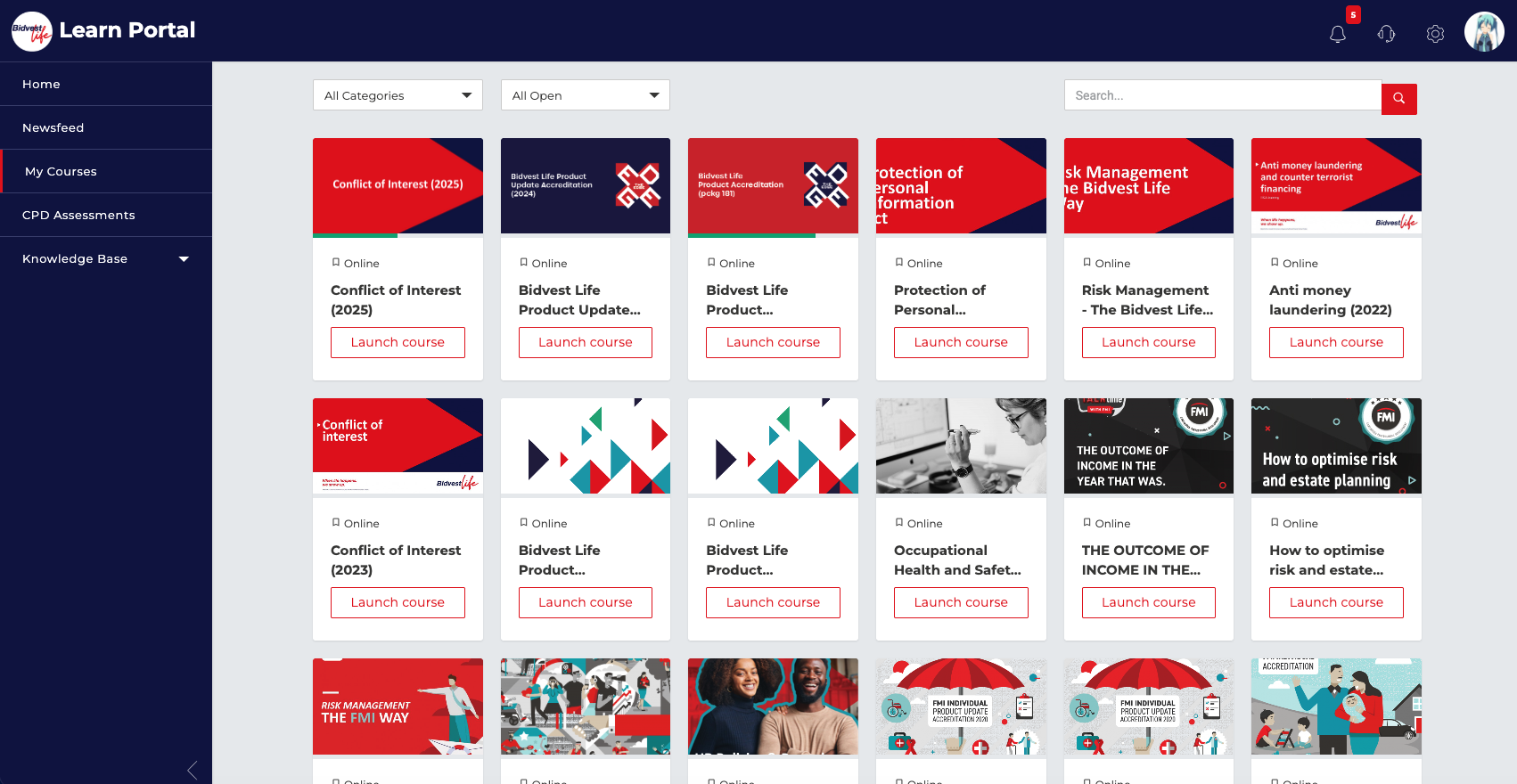 Bidvest Life learner portal — My Courses view with compliance and product training cards