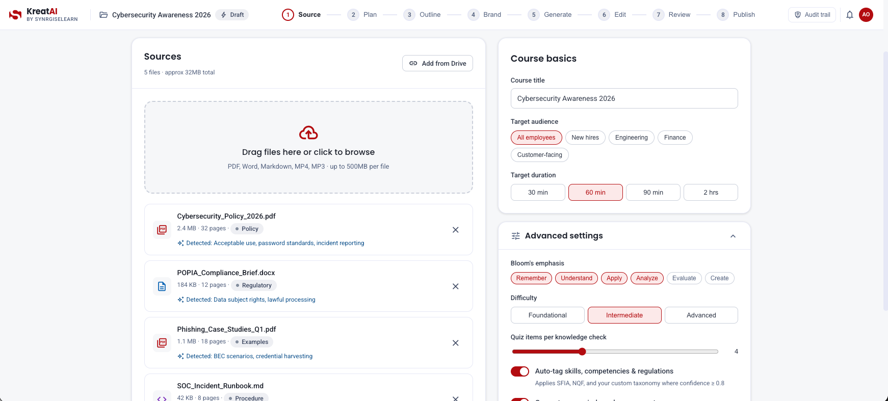 KreatAI Step 1 — upload sources, set audience, duration, advanced settings