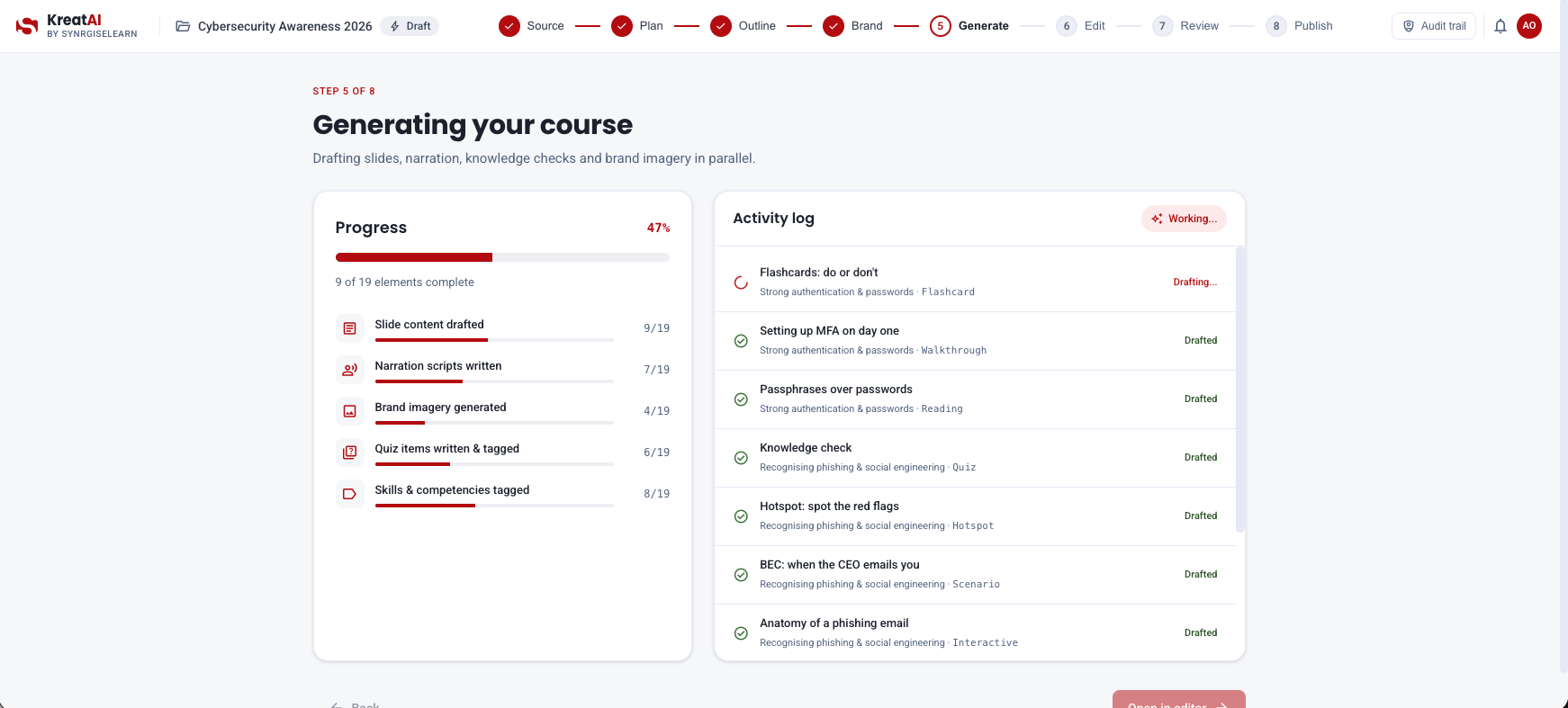 KreatAI Step 4 — slides, narration, brand imagery generated in parallel