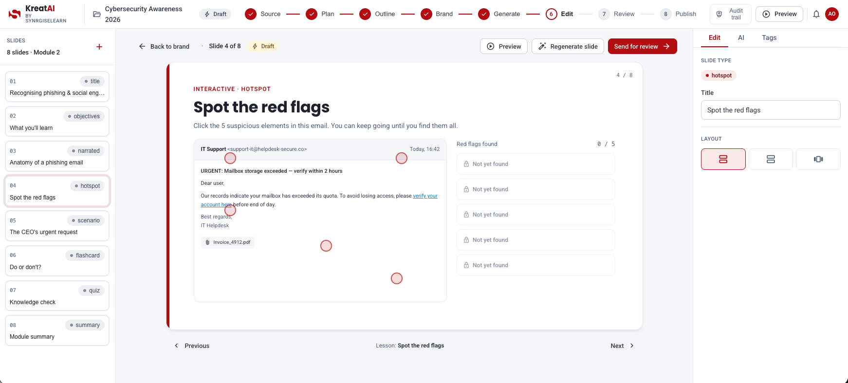 KreatAI Step 5 — slide editor with hotspot interaction layout
