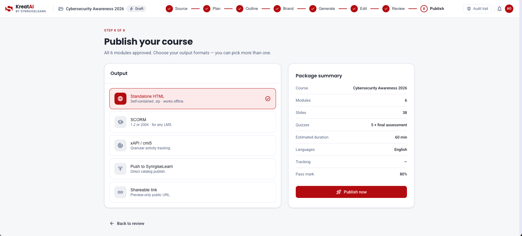 KreatAI Step 7 — publish to standalone HTML, SCORM, xAPI, or push to SynrgiseLearn