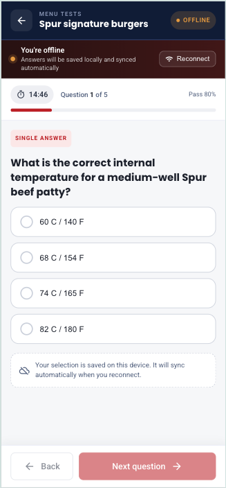 SynrgiseLearn mobile app — offline assessment with timer and auto-sync
