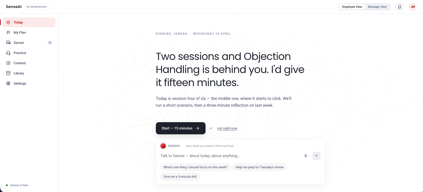 SenseAI Today view — daily briefing with conversation prompt