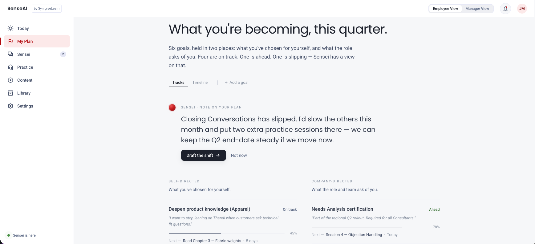 SenseAI My Plan — quarterly goals overview with Sensei note