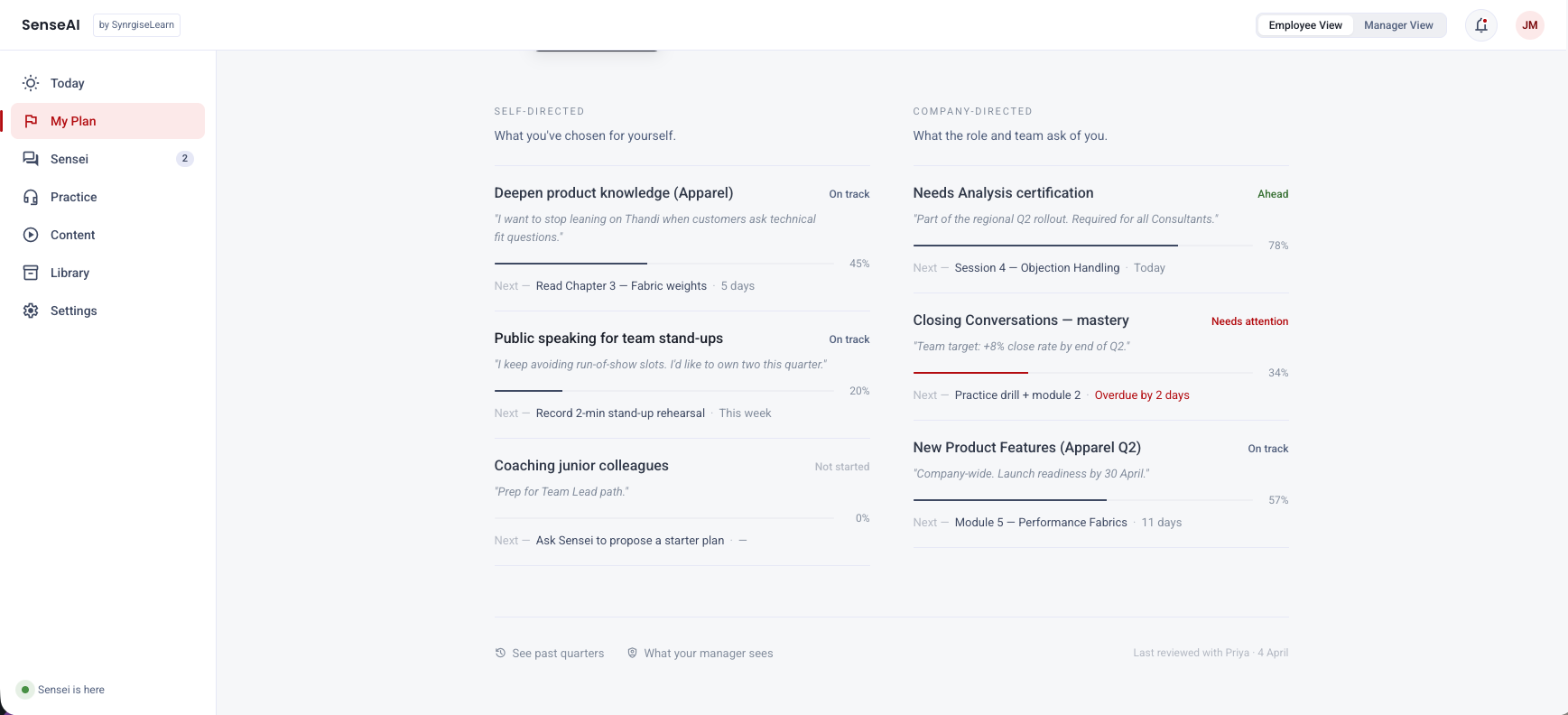 SenseAI My Plan — track progress for self and company directed goals