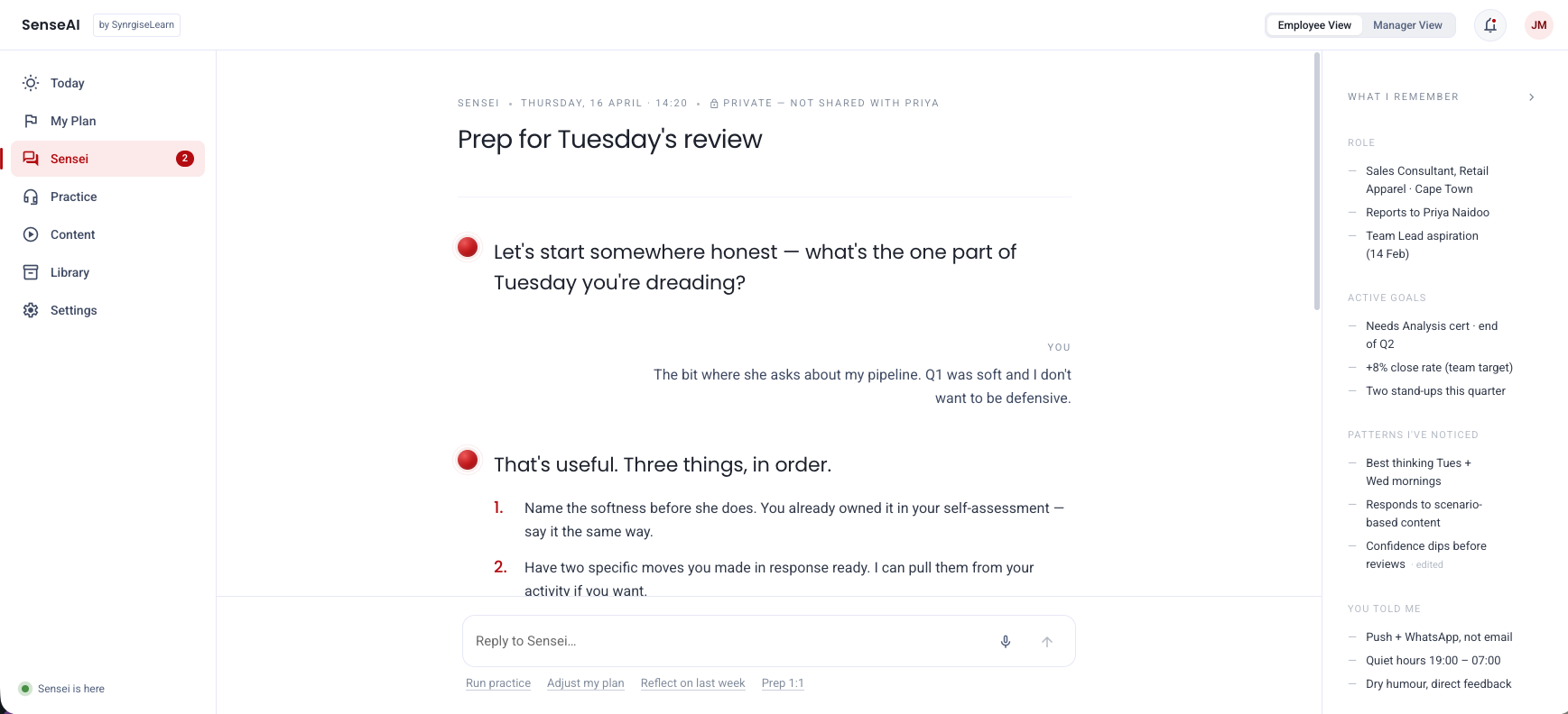 SenseAI conversation — prep for review with memory panel on the right