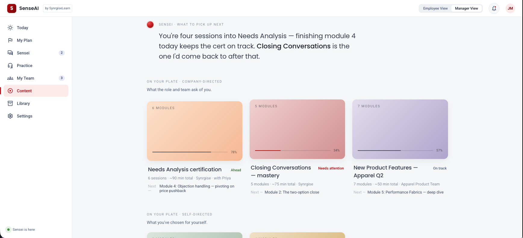 SenseAI Content view from manager perspective — what's on your plate