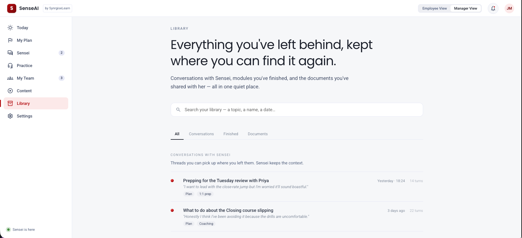 SenseAI Library — search past conversations, finished modules, shared documents