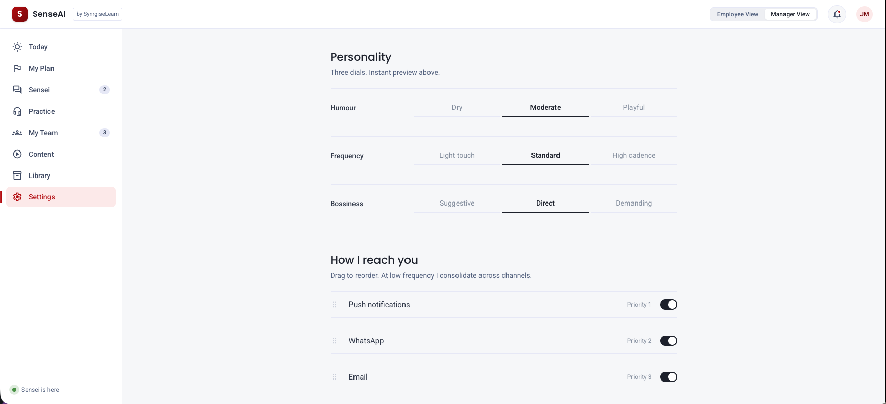 SenseAI Settings — coach personality and notification channel preferences