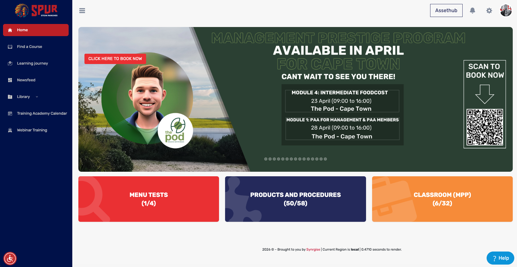Spur Academy learner portal — Management Prestige Program hero with Menu Tests, Products and Procedures, and Classroom progress cards