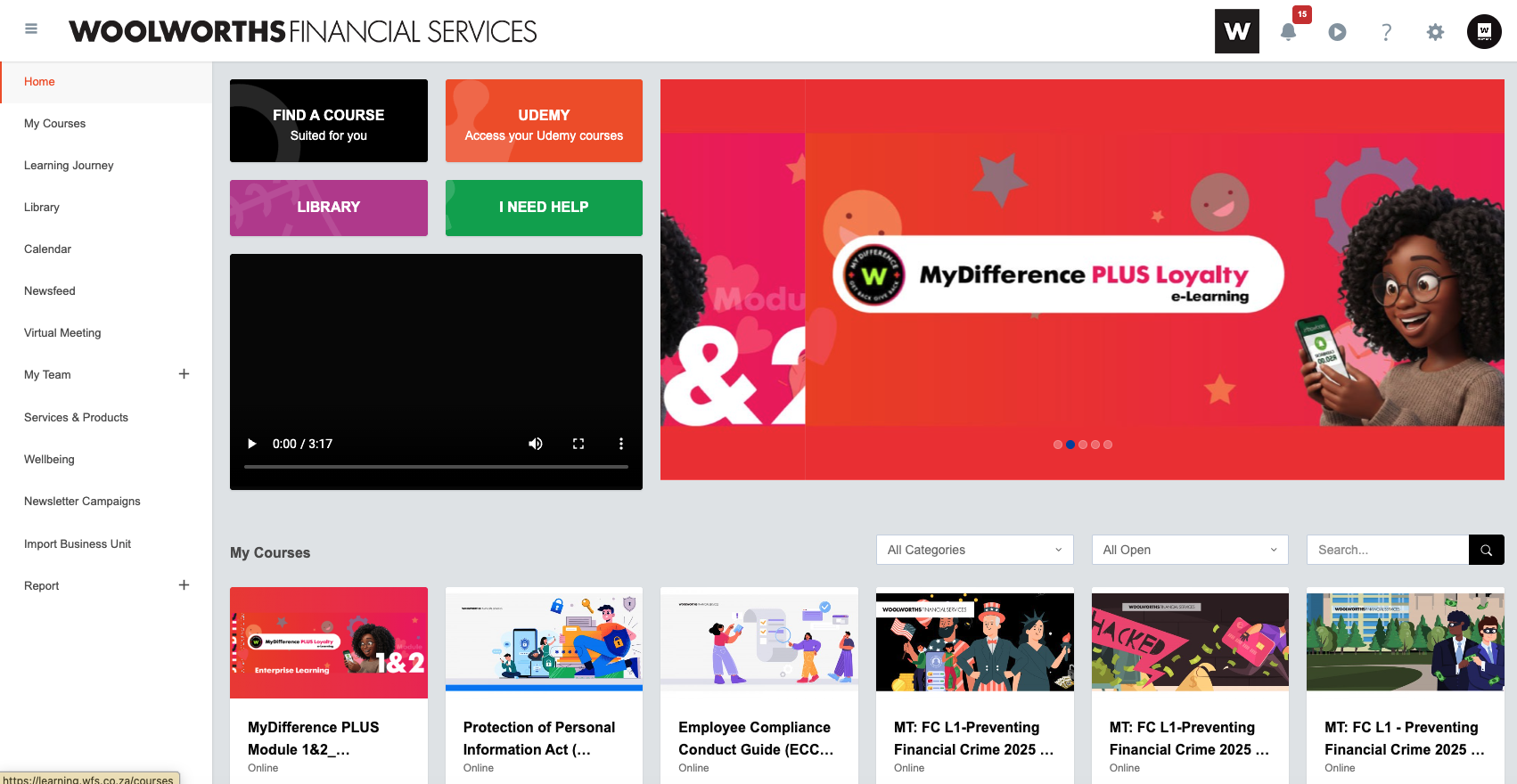 Woolworths Financial Services learner portal — featured course tiles, Udemy access, library and help shortcuts